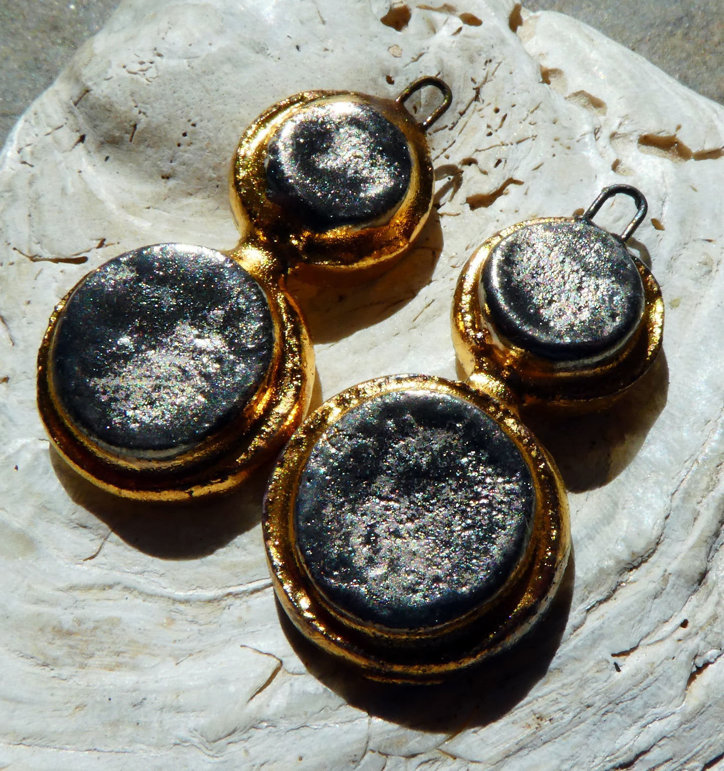 Ceramic Moulded Double Disc Earring Charms - Platinum and Gold