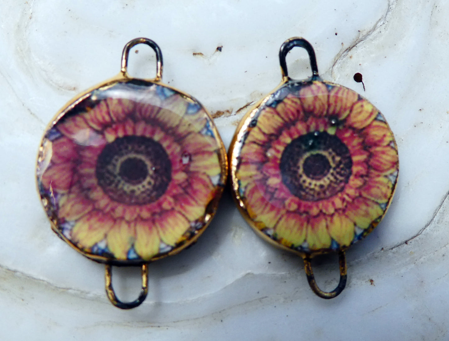 Ceramic Little Disc Stained Glass Sunflower Decal Earring Connectors #1
