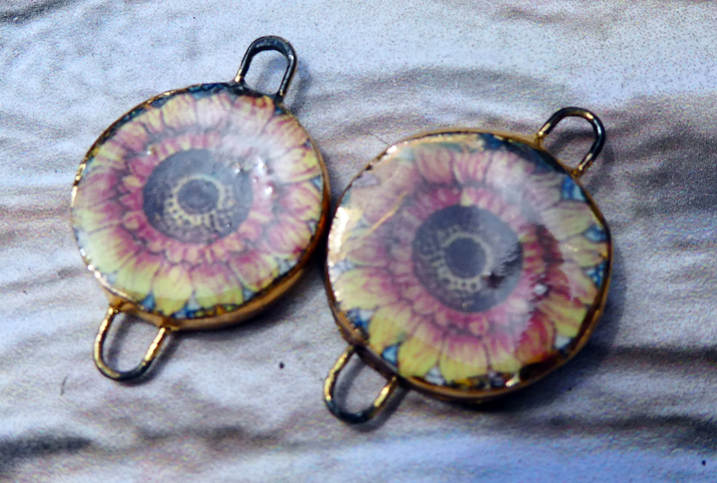 Ceramic Little Disc Stained Glass Sunflower Decal Earring Connectors #1