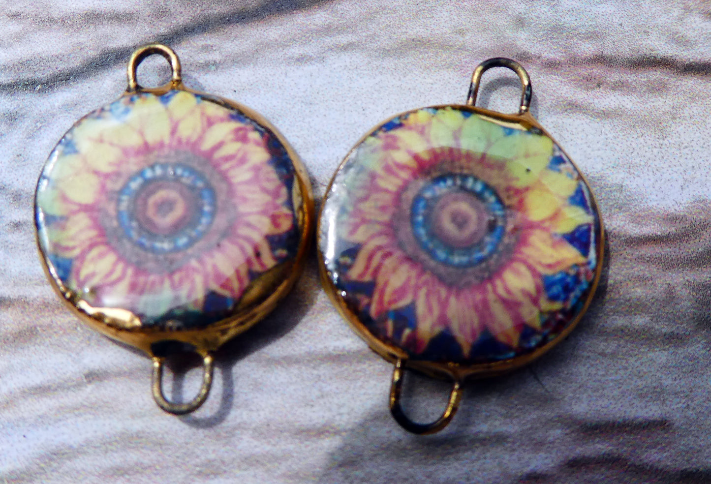 Ceramic Little Disc Stained Glass Sunflower Decal Earring Connectors #2