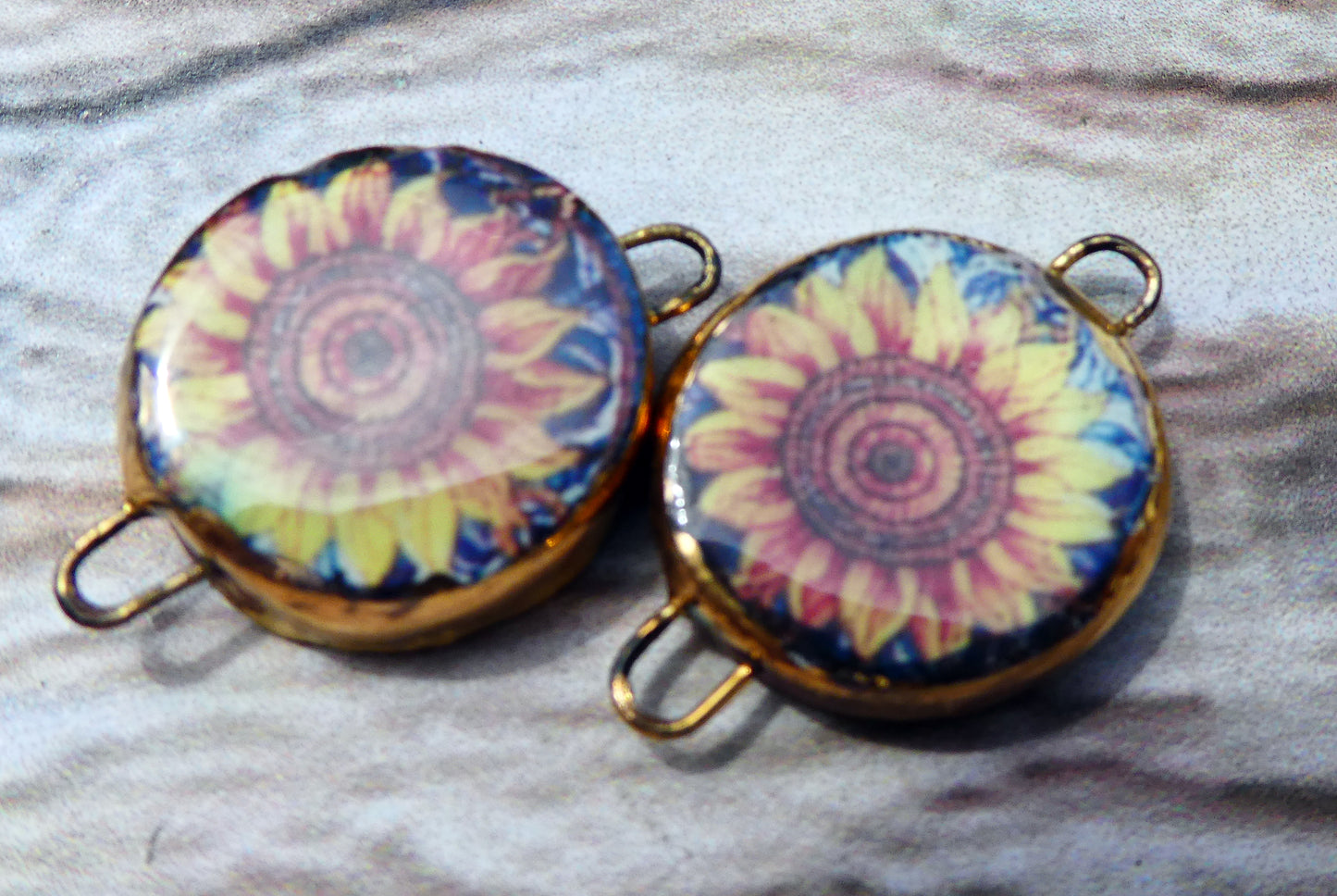 Ceramic Little Disc Stained Glass Sunflower Decal Earring Connectors #3