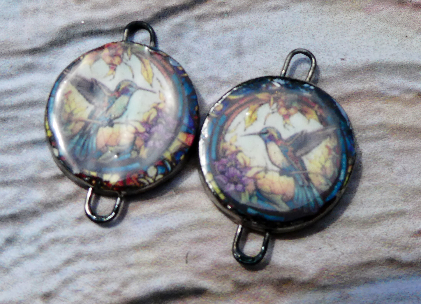 Ceramic Little Disc Stained Glass Hummingbird Decal Earring Connectors #4