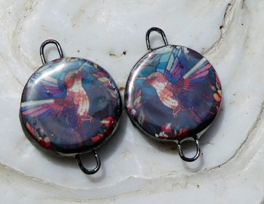 Ceramic Little Disc Stained Glass Hummingbird Decal Earring Connectors #5