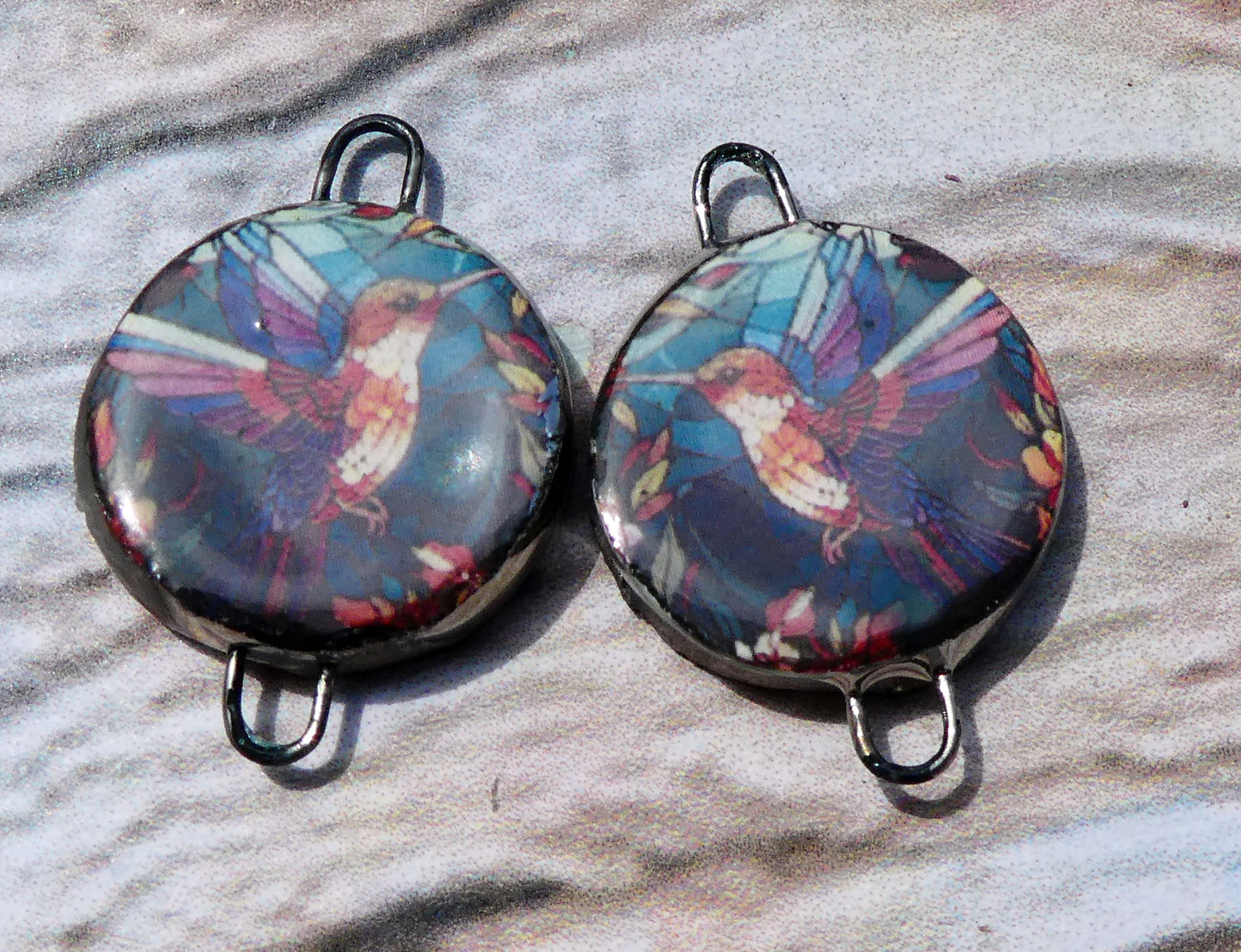 Ceramic Little Disc Stained Glass Hummingbird Decal Earring Connectors #5