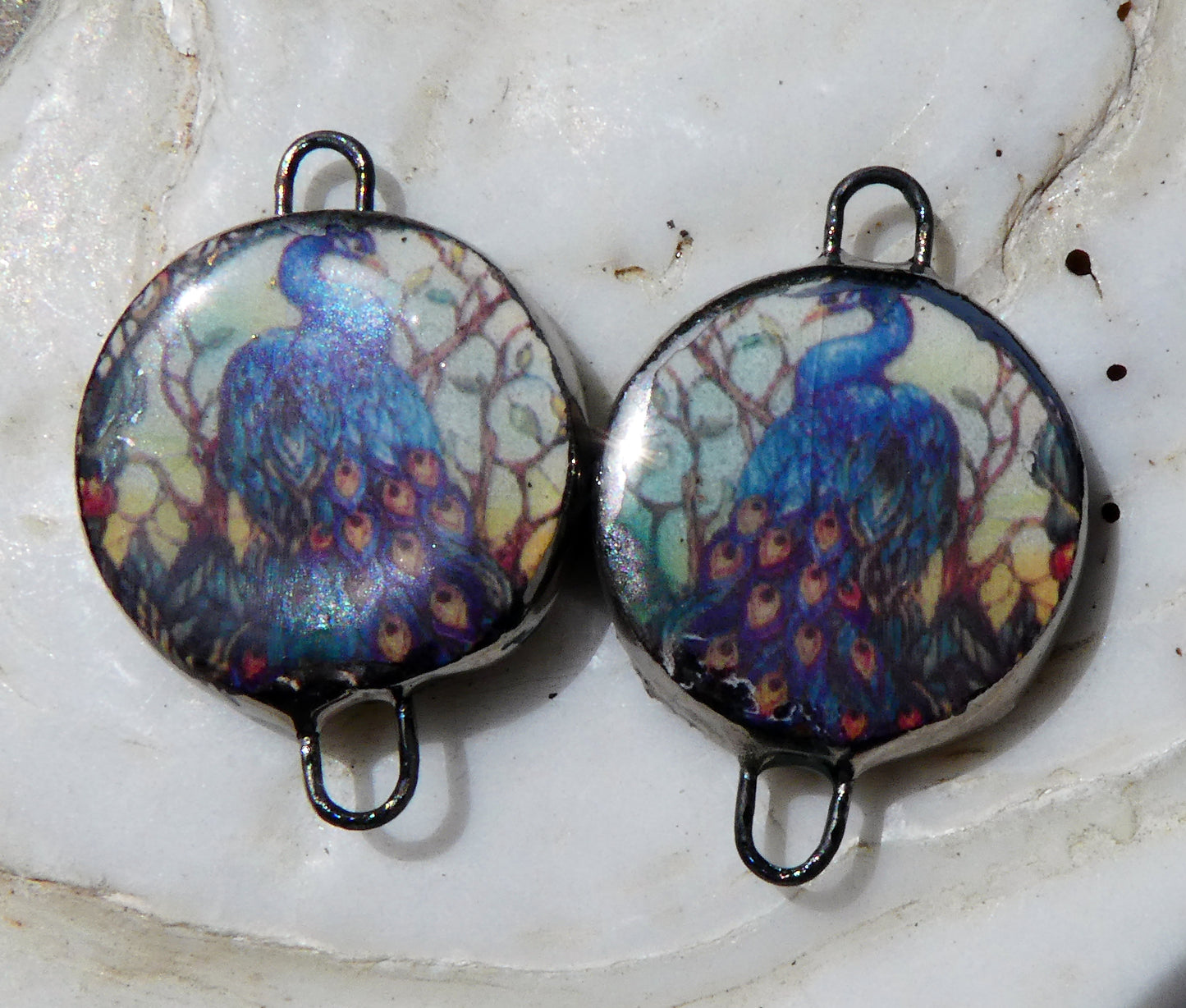 Ceramic Little Disc Stained Glass Peacock Decal Earring Connectors #1