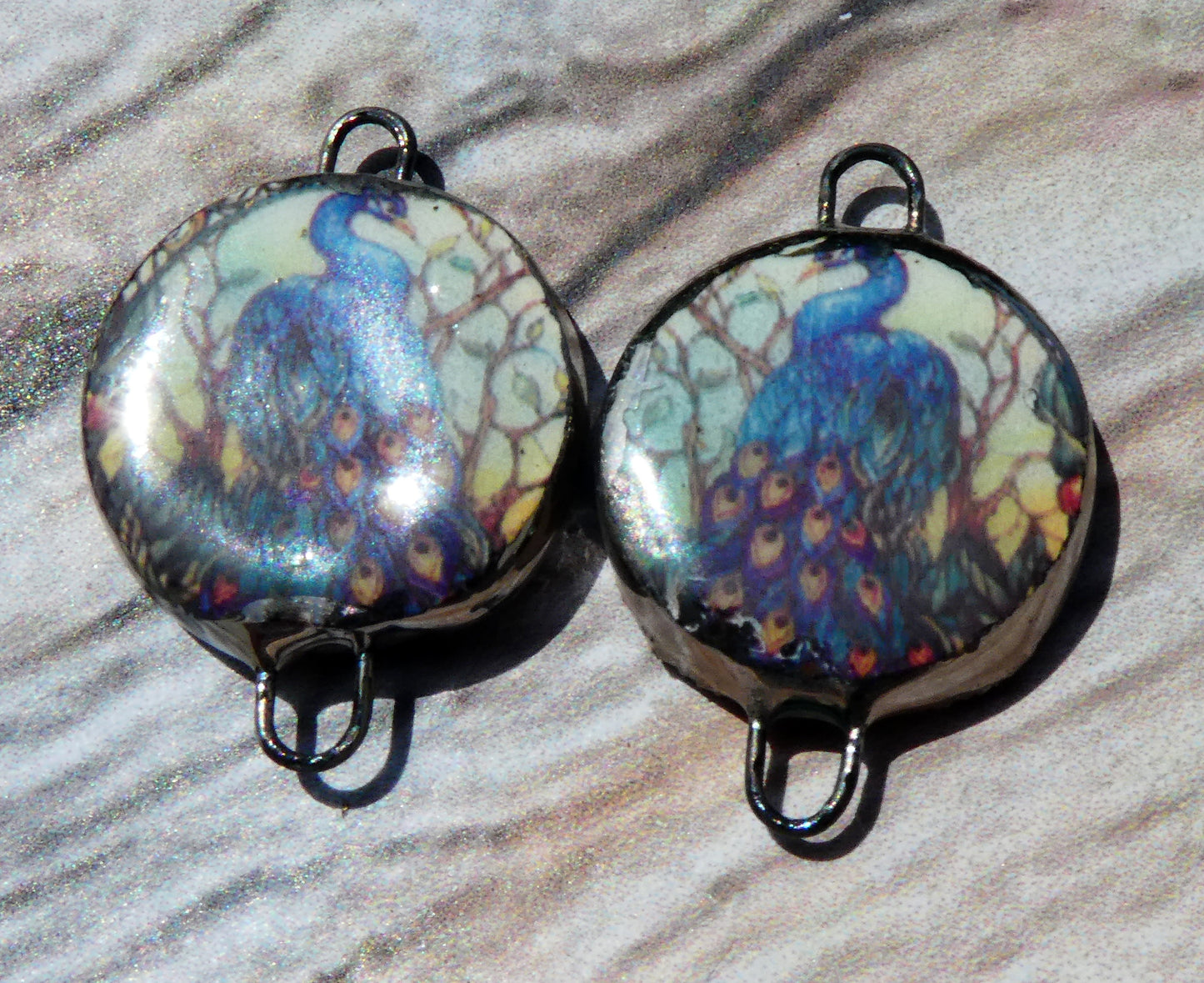 Ceramic Little Disc Stained Glass Peacock Decal Earring Connectors #1