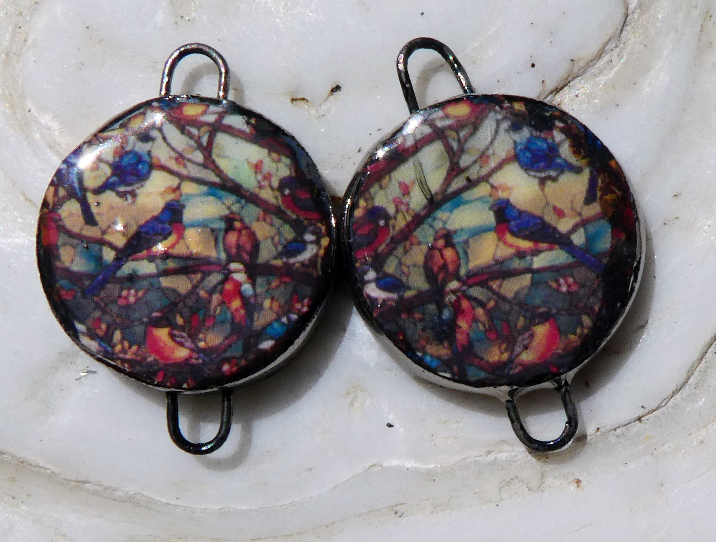 Ceramic Little Disc Stained Glass Bird Decal Earring Connectors #6
