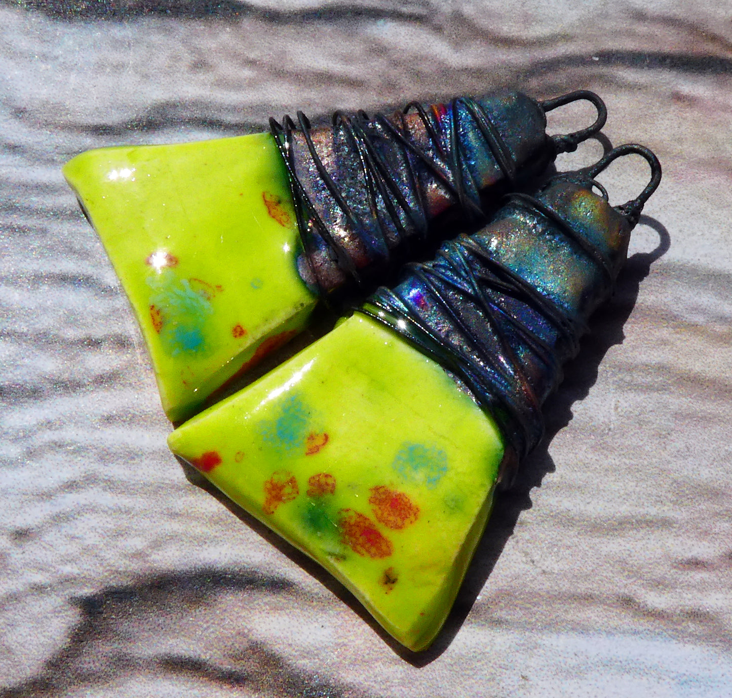 Ceramic Wire Wrapped Wedge Charms -Cherry Limeade