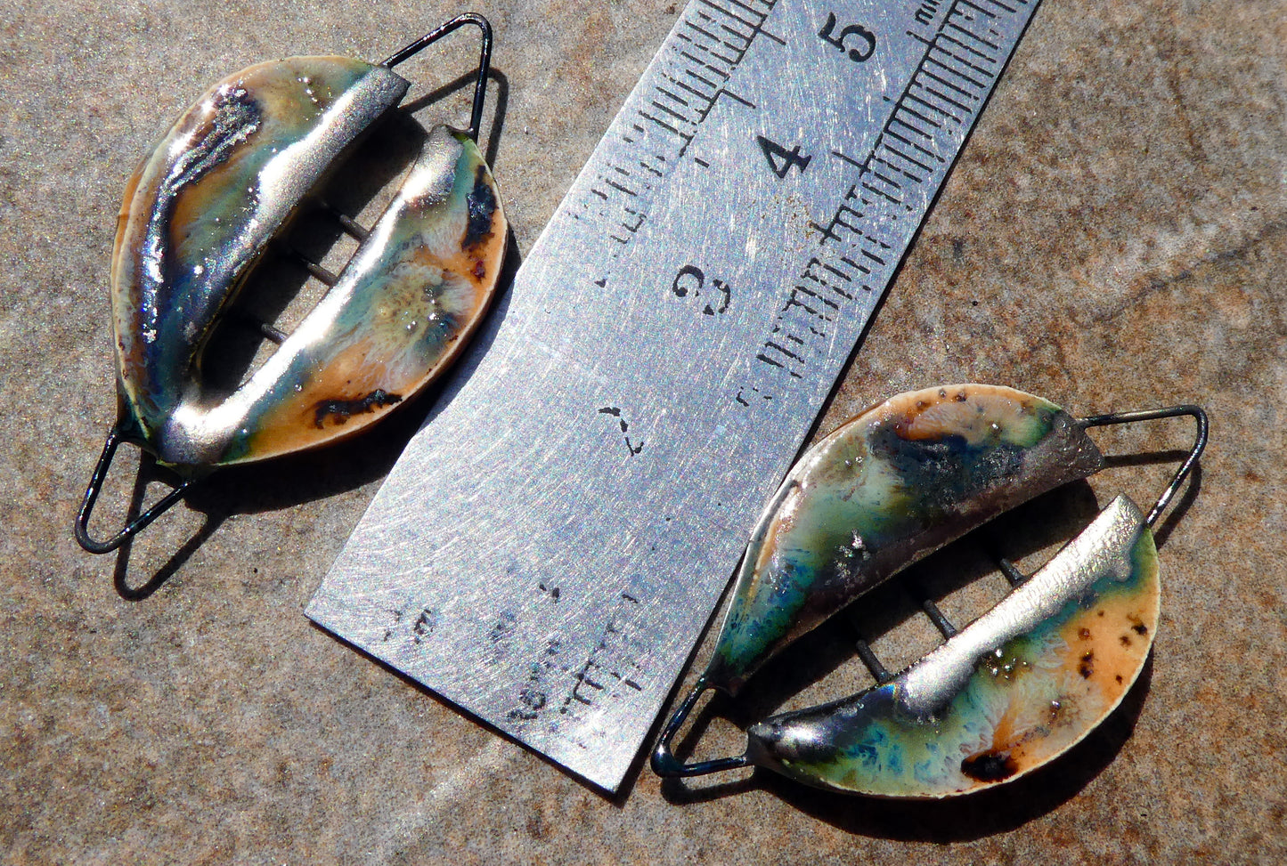 Ceramic Stapled Oval Shield Earring Connectors - Oriental Caramel