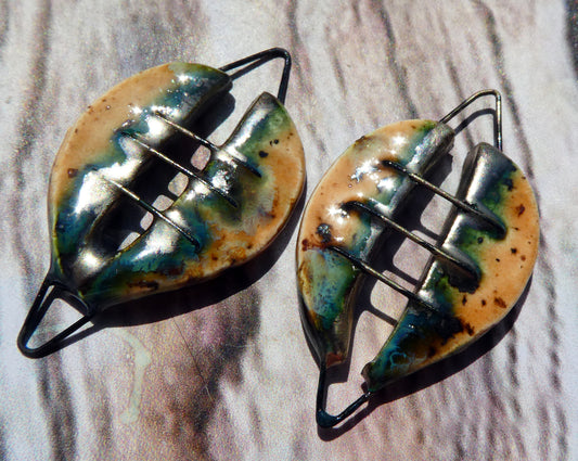 Ceramic Stapled Oval Shield Earring Connectors - Oriental Caramel