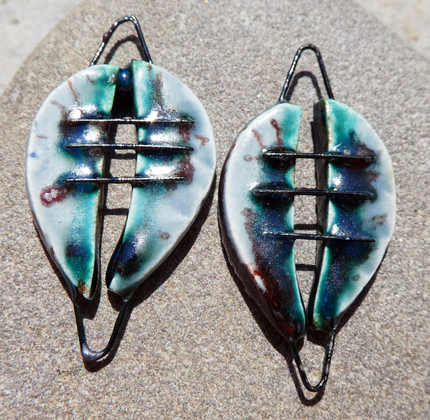 Ceramic Stapled Oval Shield Earring Connectors - Dove Grey