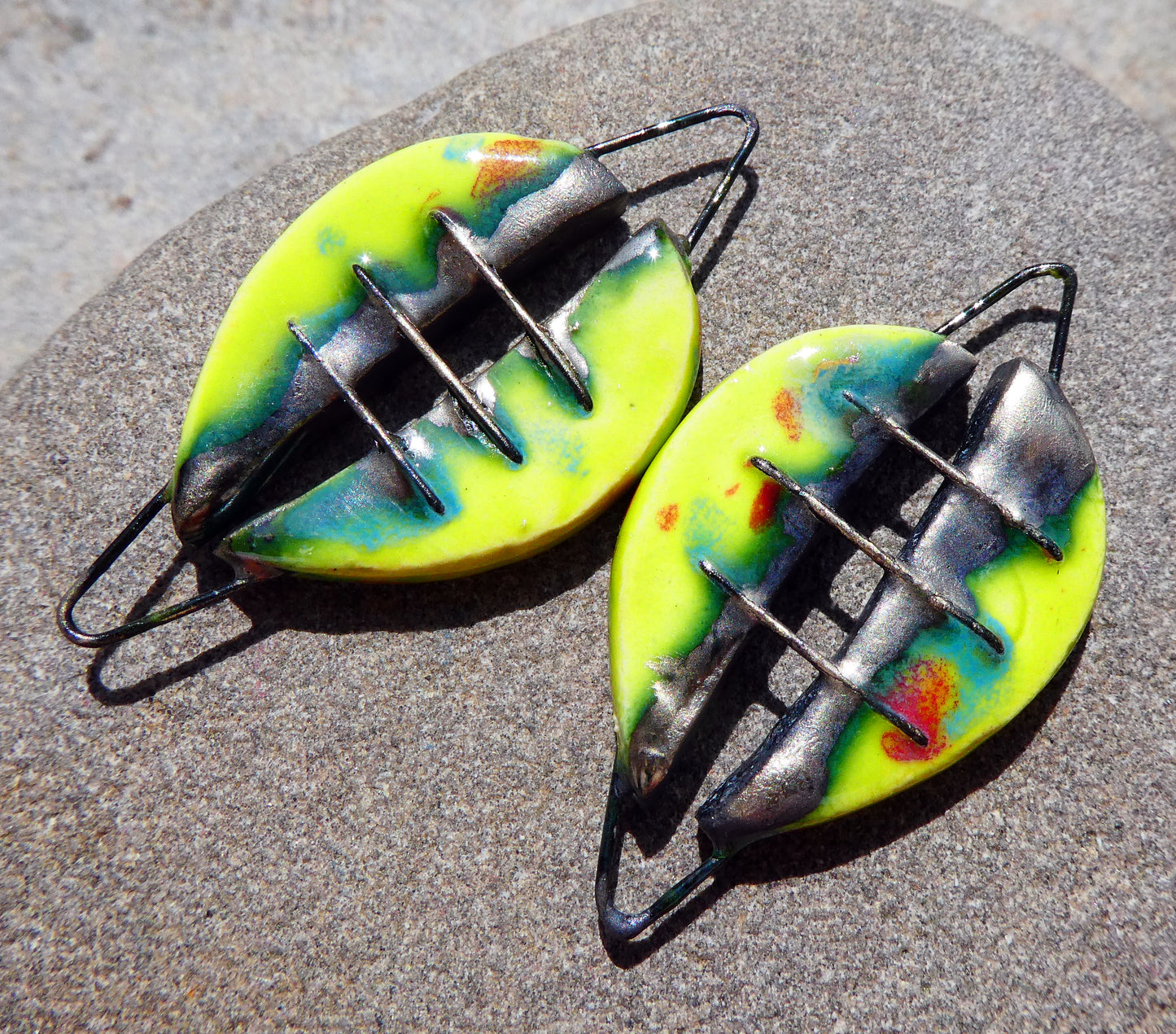 Ceramic Stapled Oval Shield Earring Connectors - Cherry Limeade