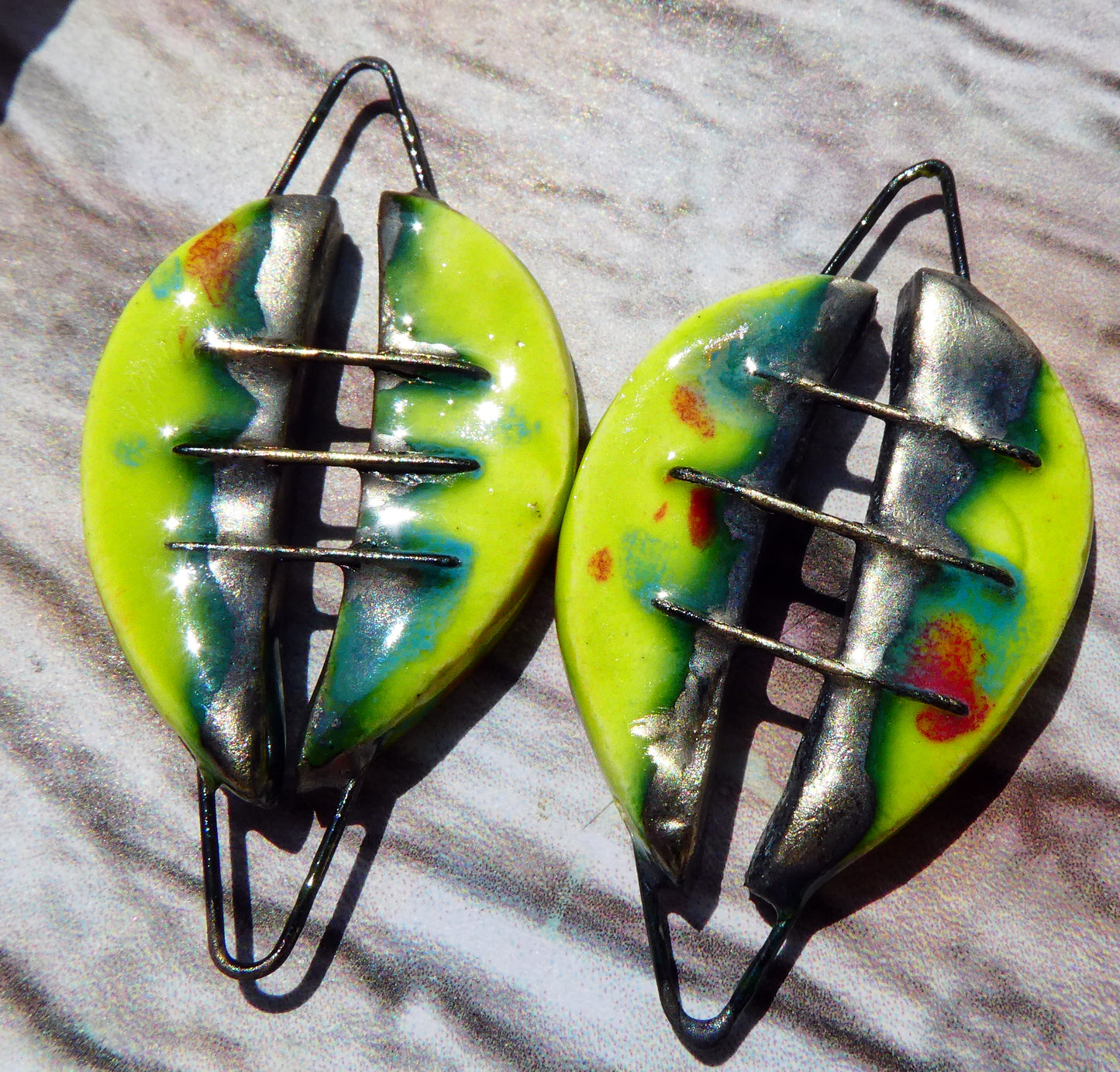 Ceramic Stapled Oval Shield Earring Connectors - Cherry Limeade