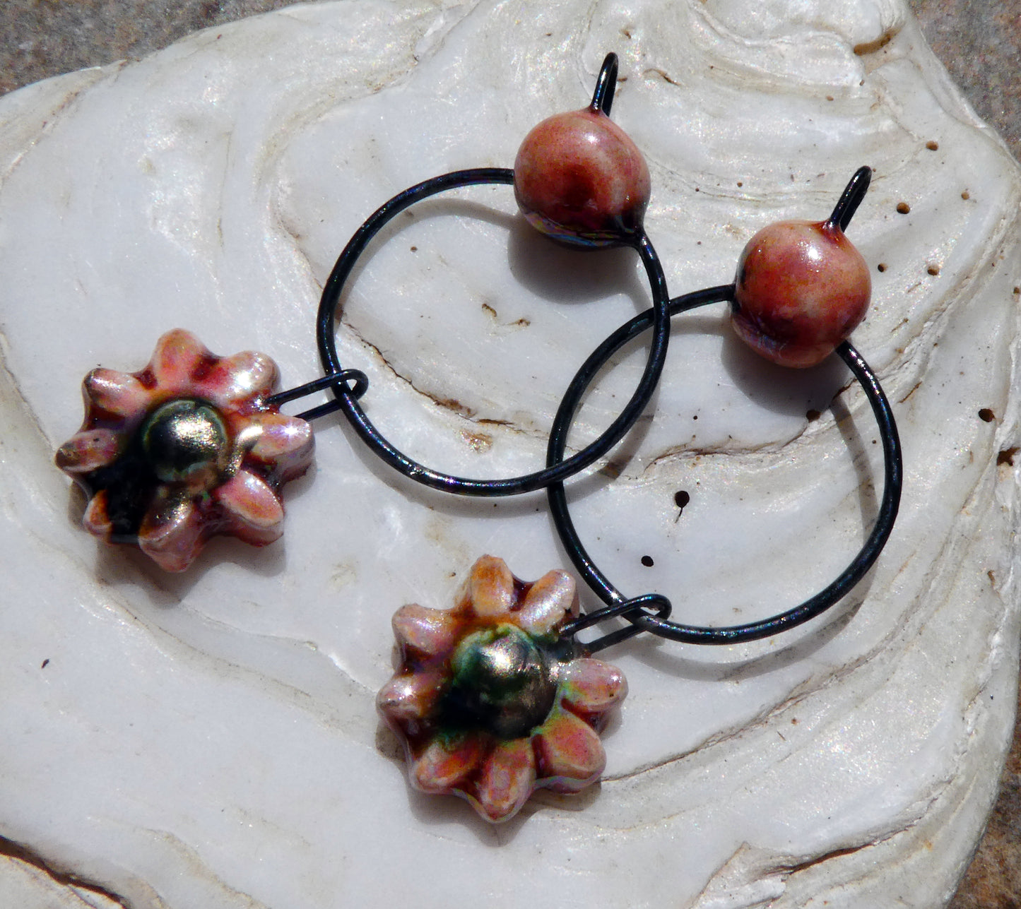 Ceramic Lustrous Hoopy Flower Dangles- Day Lily