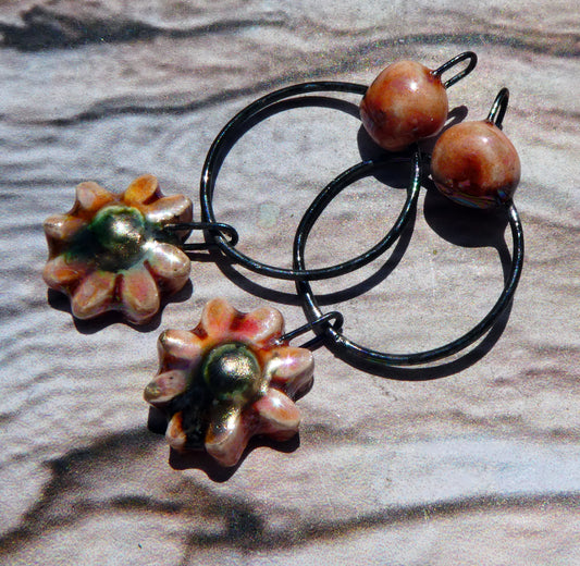 Ceramic Lustrous Hoopy Flower Dangles- Day Lily