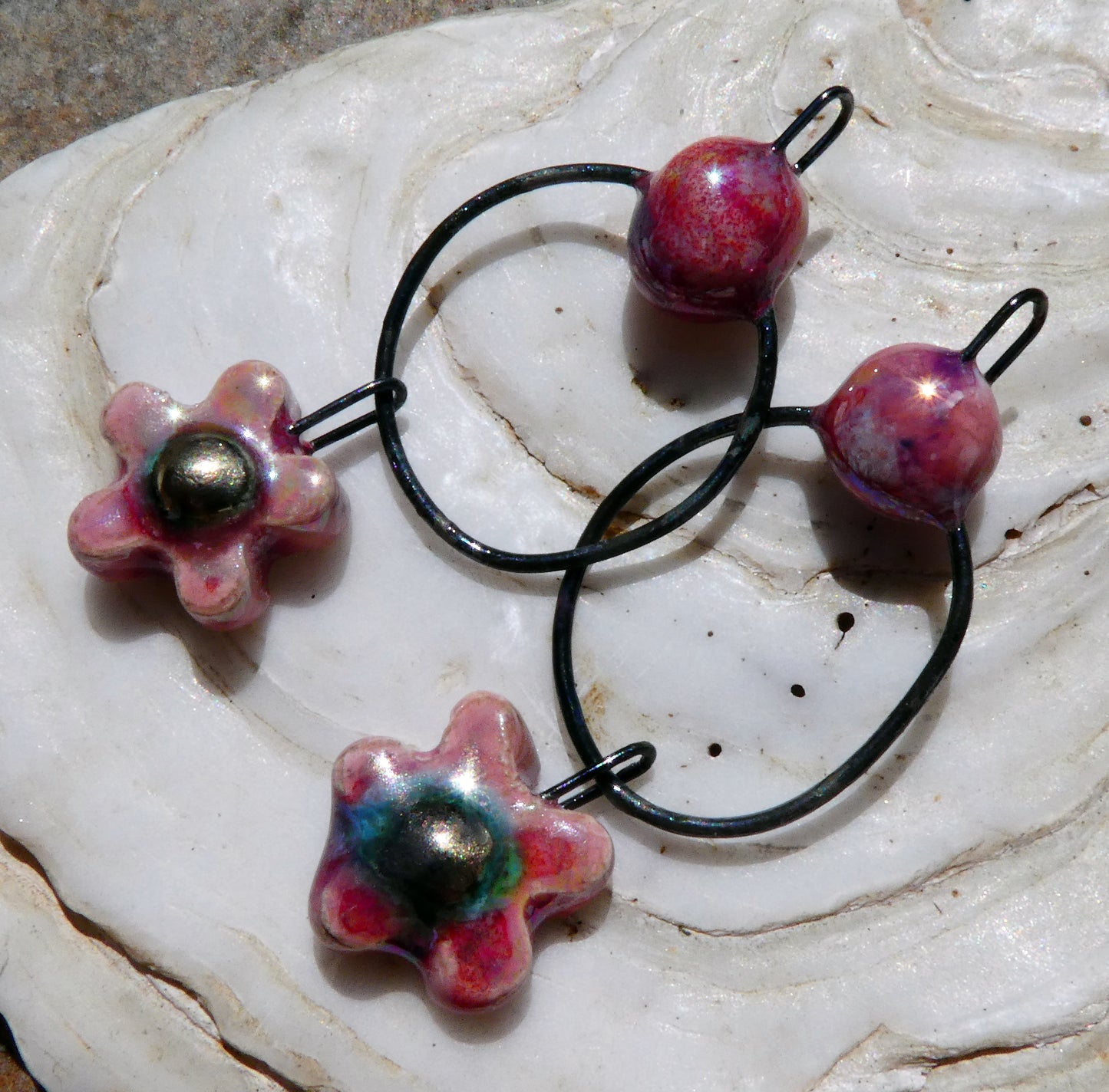 Ceramic Lustrous Hoopy Flower Dangles- Berry Tart