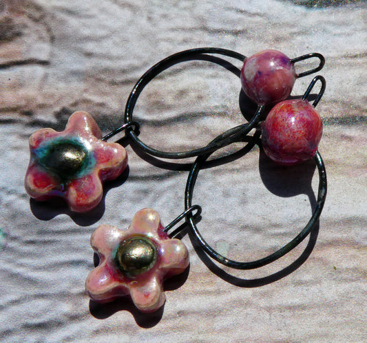 Ceramic Lustrous Hoopy Flower Dangles- Berry Tart