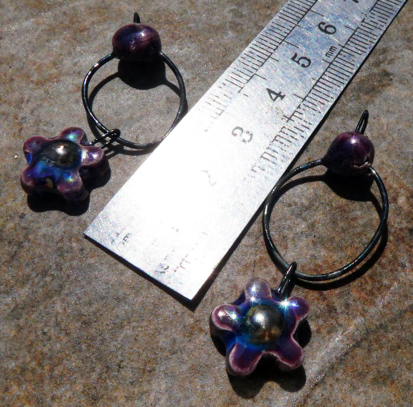 Ceramic Lustrous Hoopy Flower Dangles- Royal Fantasy