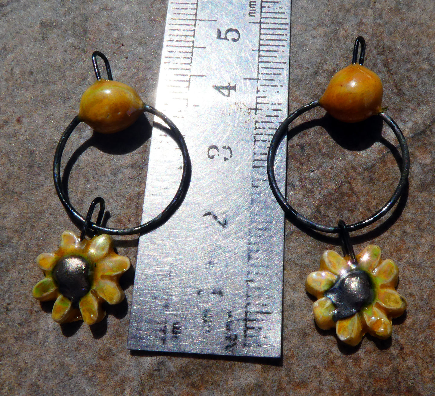 Ceramic Lustrous Hoopy Flower Dangles-Yellow