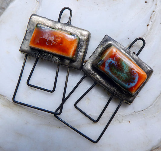 Ceramic Double Hoop Moulded Rectangle Connectors -Vermillion Sunburst