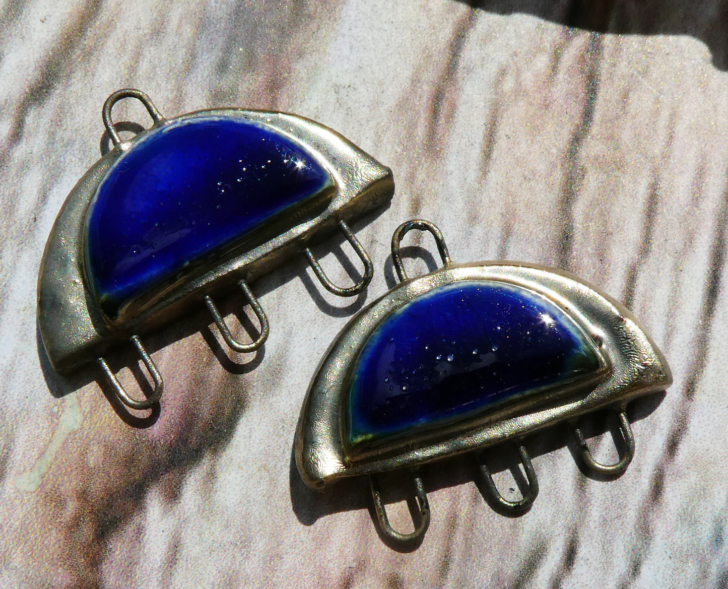 Ceramic Semi Circle Three Hoop Moulded Connectors -Mirror Blue