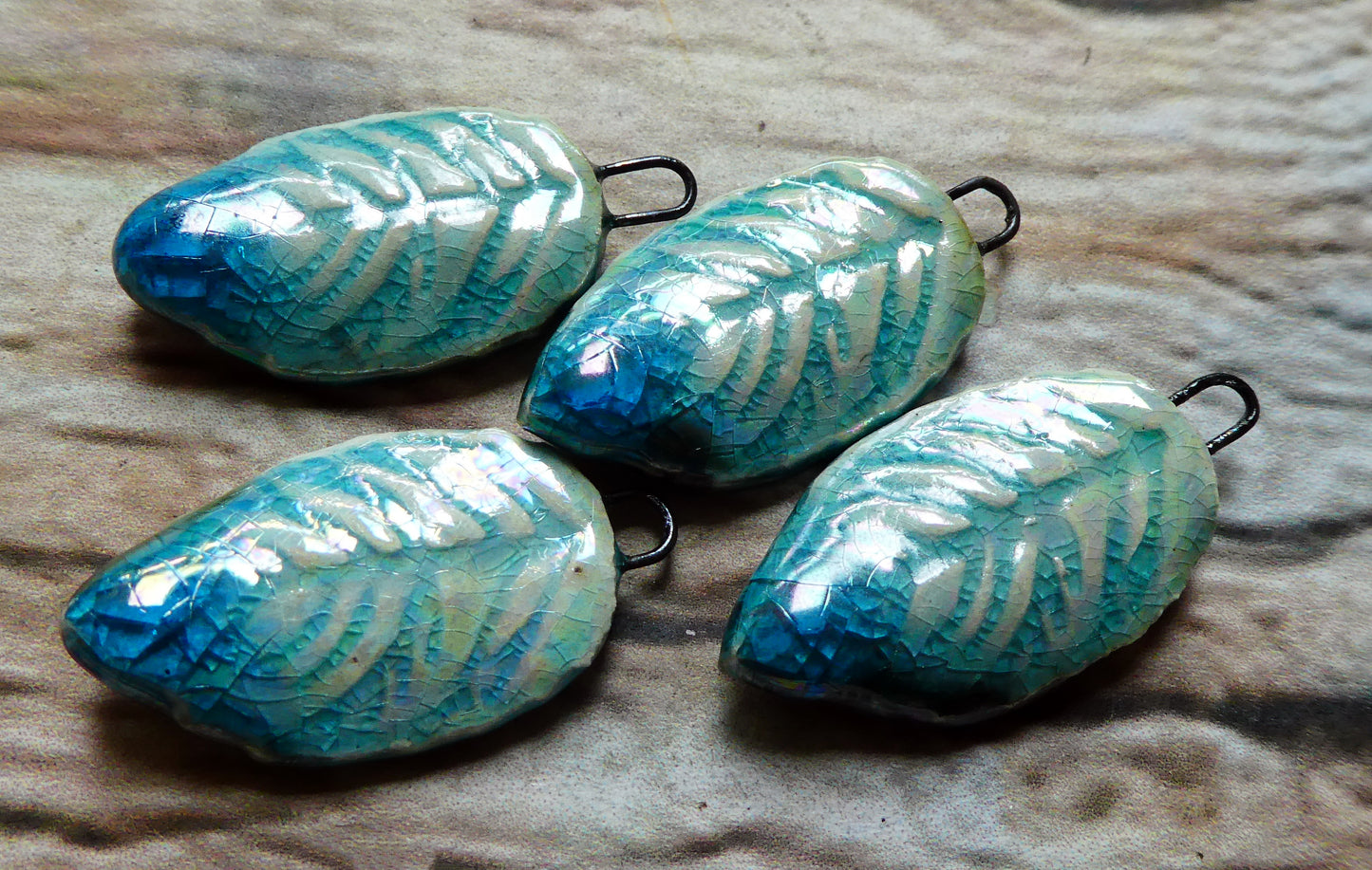 Ceramic Lustrous Leaf Charms- Turquoise Crackle