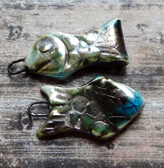 Ceramic Shimmering Lustrous Fish Charms- Turquoise Crackle