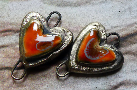 Ceramic Little Moulded Heart Connectors -Vermillion Sunburst