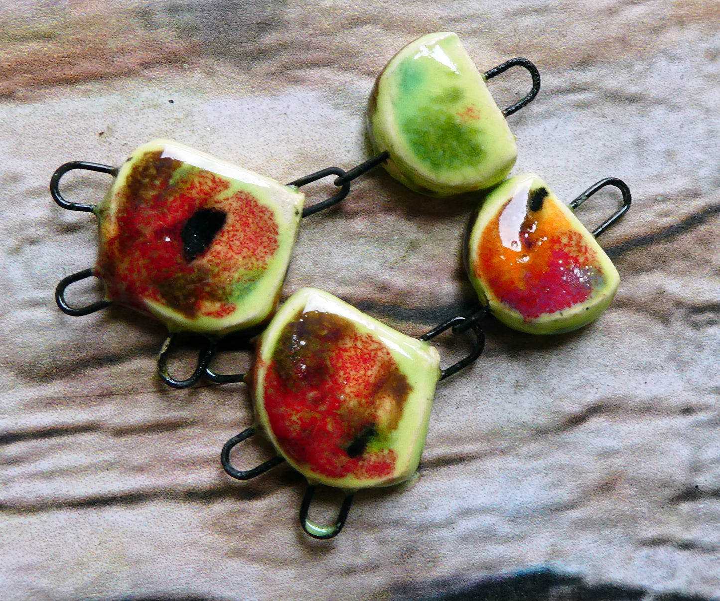 Ceramic Three Hoop Dangle Connectors -Mixed Melon