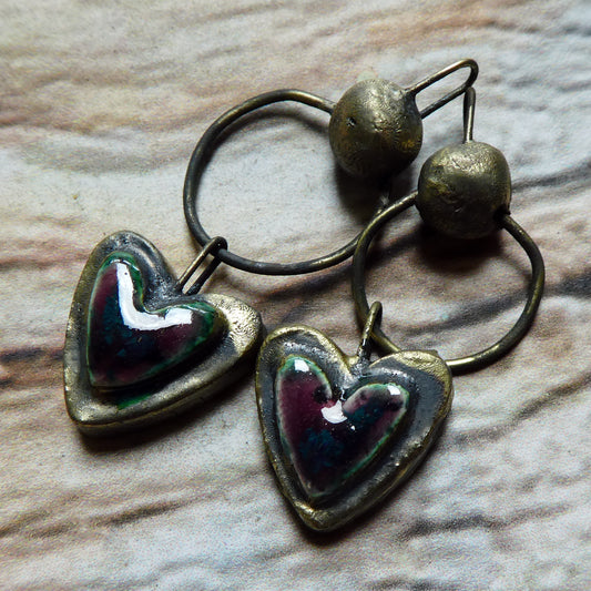 Ceramic Moulded Bobble and Heart Dangles - Peppered Raspberry