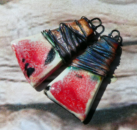 Ceramic Wire Wrapped Wedge Charms -Poppy Fields