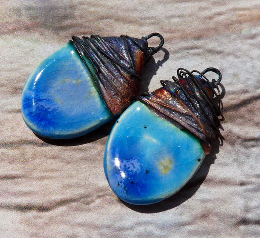 Ceramic Wire Wrapped Teardrop Charms - Tranquil Earth