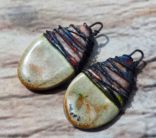 Ceramic Wire Wrapped Teardrop Charms -Stone