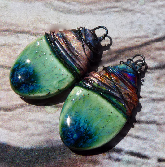 Ceramic Wire Wrapped Teardrop Charms -Rockpool