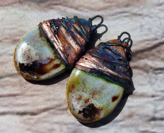 Ceramic Wire Wrapped Teardrop Charms -Spotted Malachite