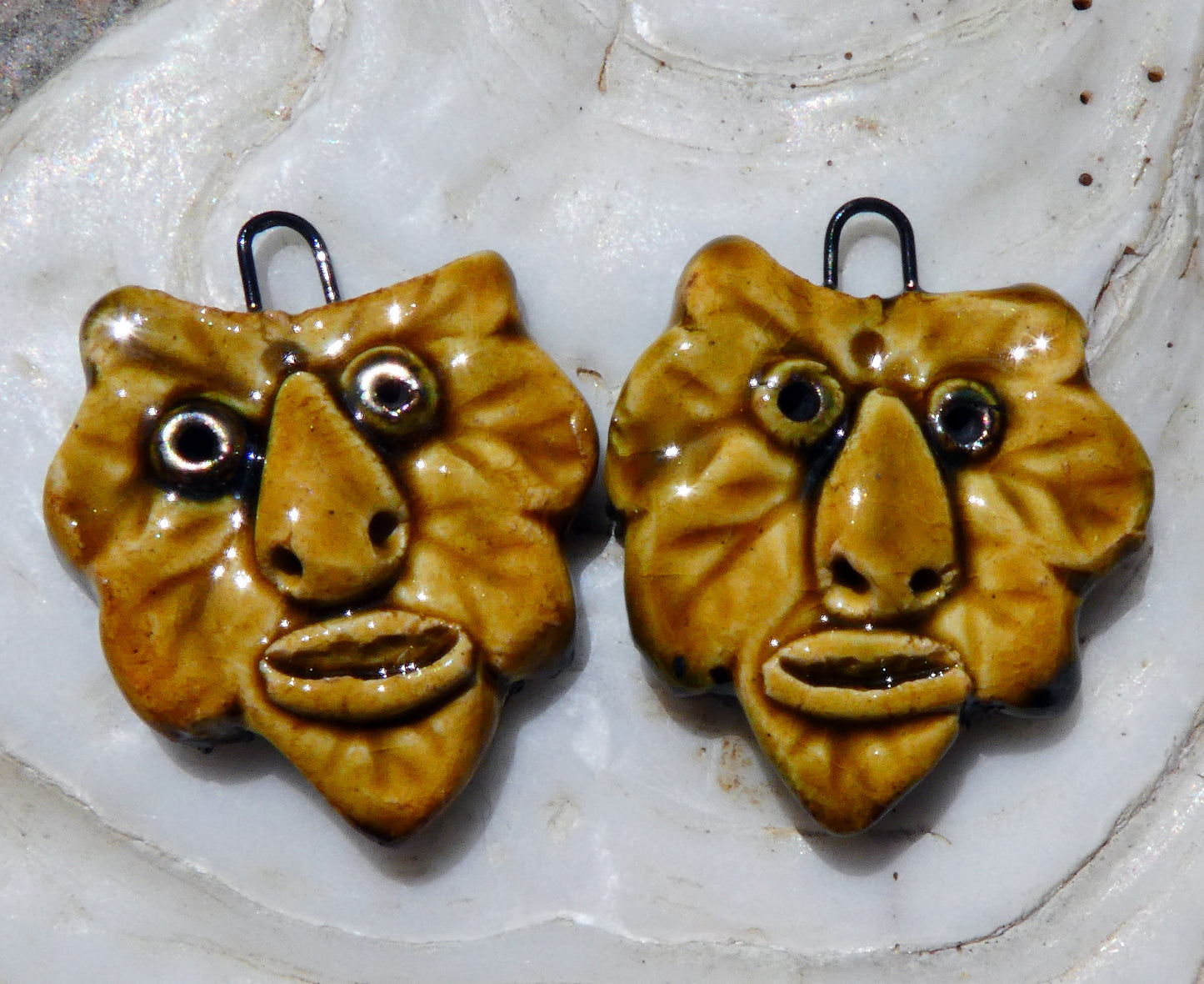 Ceramic Green Man Earring Charms -Cognac