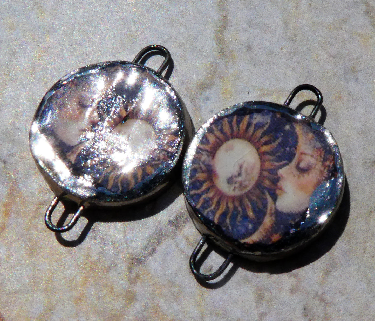 Ceramic Little Disc Vintage Sun and Moon Decal Earring Connectors #4