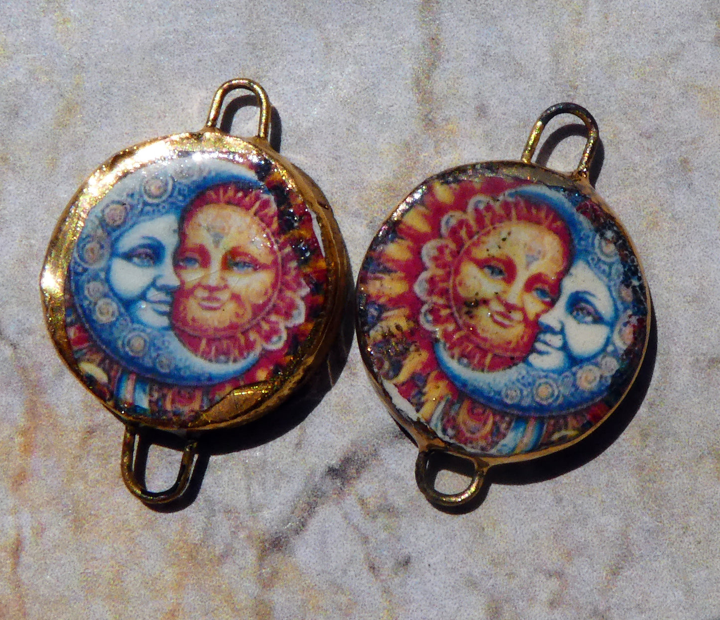 Ceramic Little Disc Vintage Sun and Moon Decal Earring Connectors #6