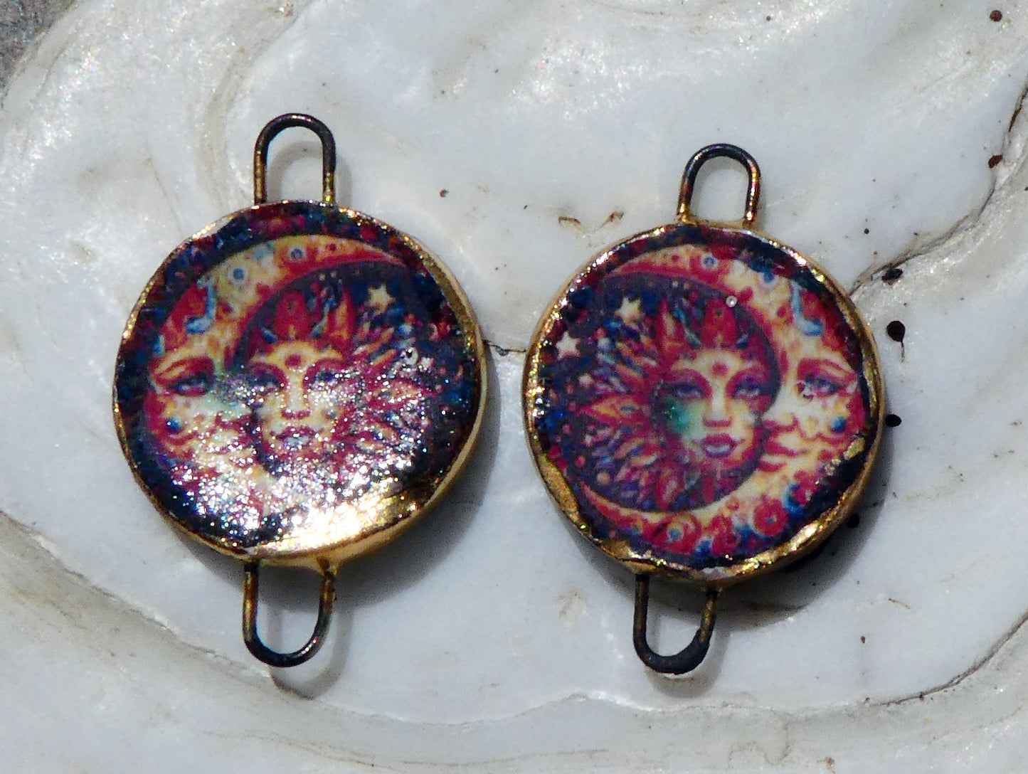 Ceramic Little Disc Vintage Sun and Moon Decal Earring Connectors #7