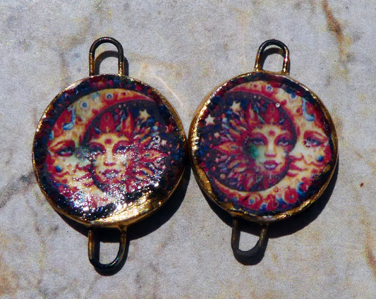 Ceramic Little Disc Vintage Sun and Moon Decal Earring Connectors #7