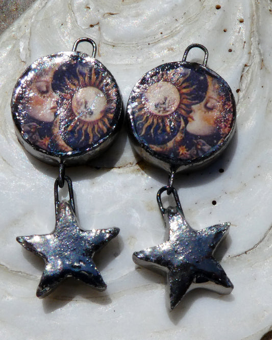 Ceramic Vintage Sun and Moon Decal and Star Earring Dangles #2