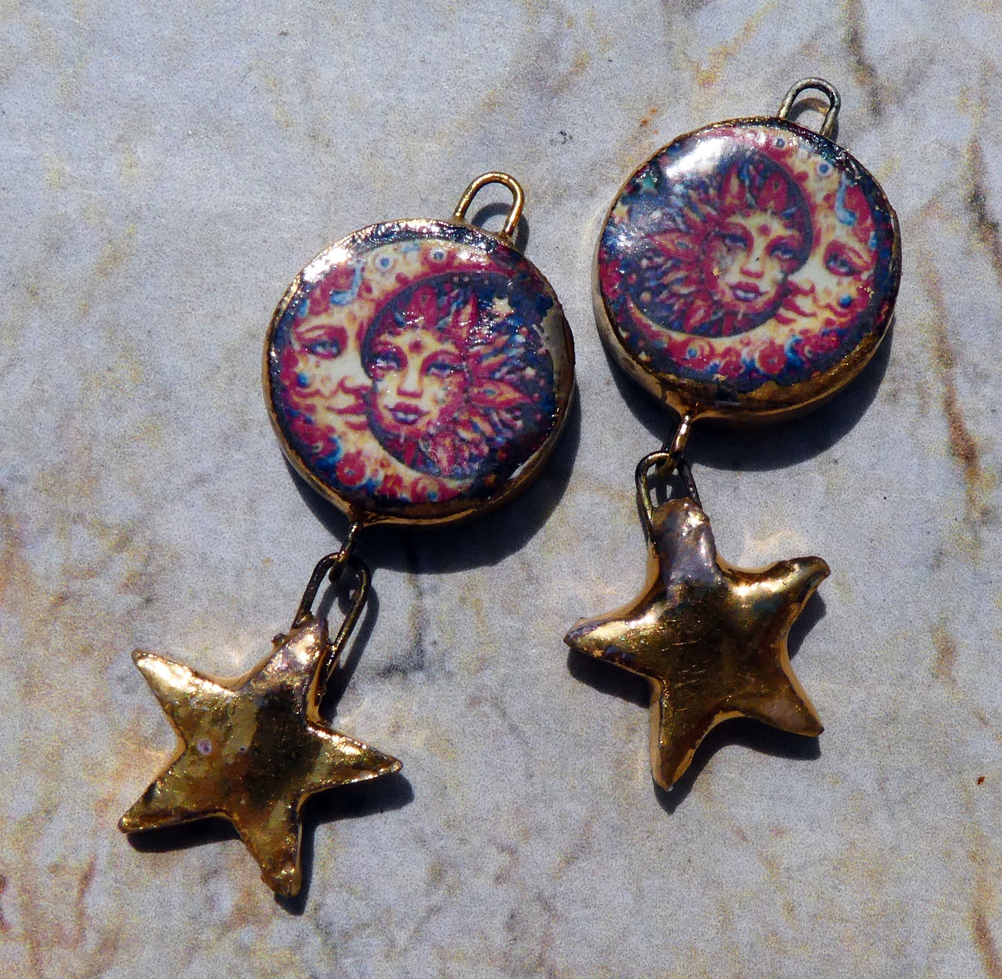 Ceramic Vintage Sun and Moon Decal and Star Earring Dangles #6