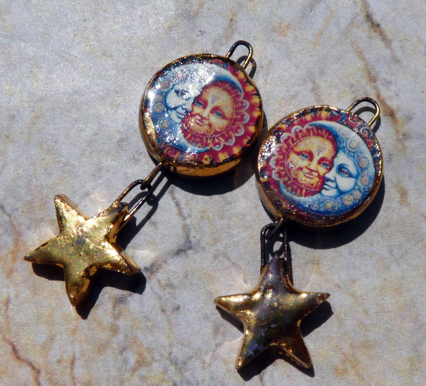Ceramic Vintage Sun and Moon Decal and Star Earring Dangles #7