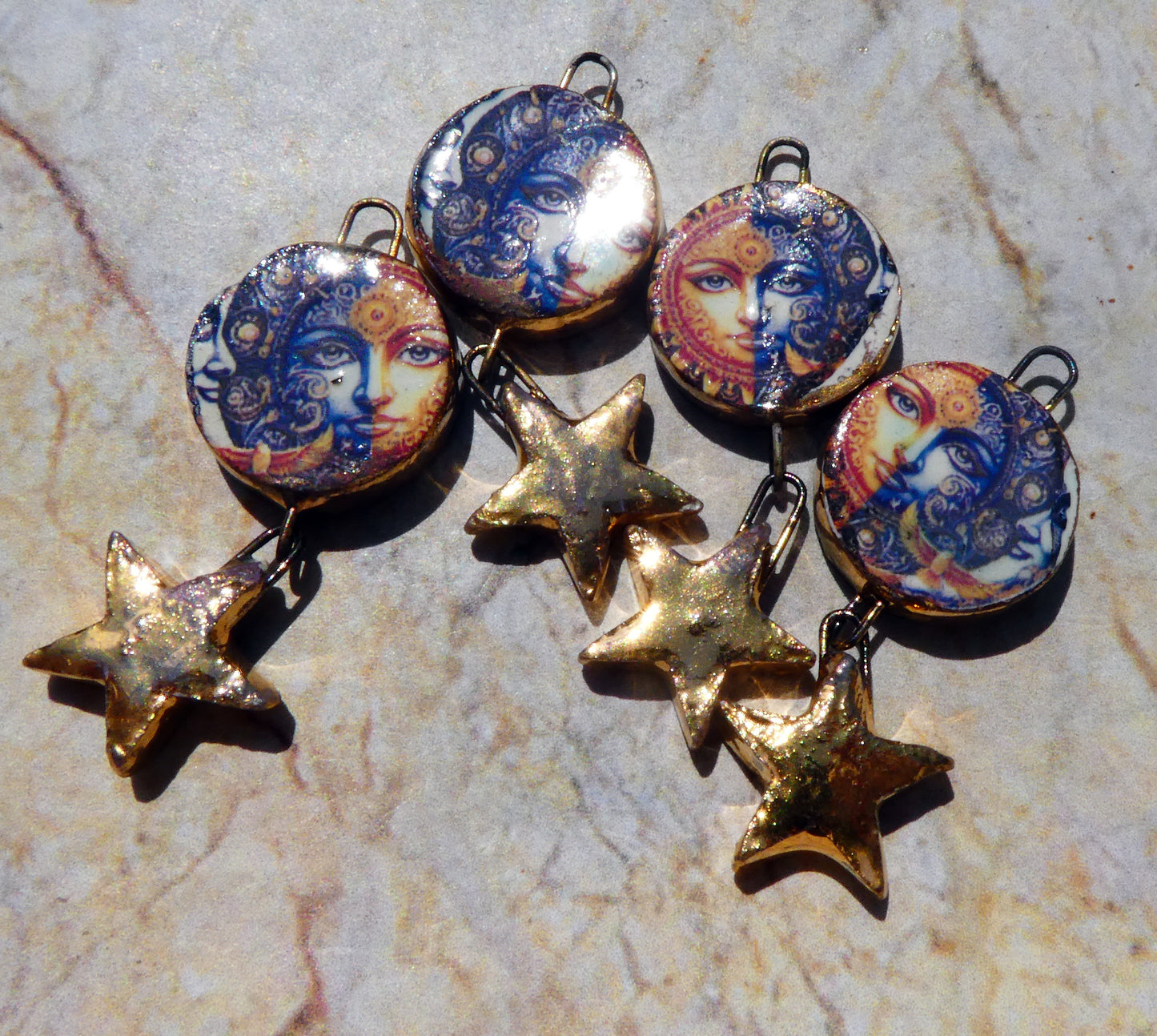 Ceramic Vintage Sun and Moon Decal and Star Earring Dangles #8