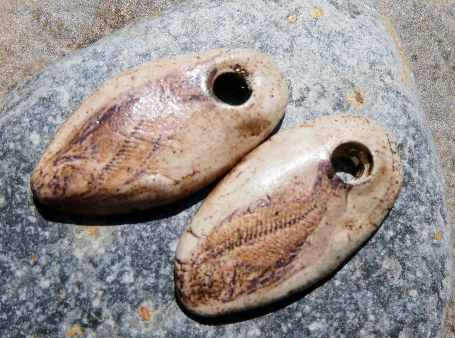 Ceramic Fish Fossil Decal Pebble Charms #1