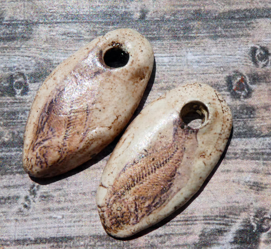 Ceramic Fish Fossil Decal Pebble Charms #1
