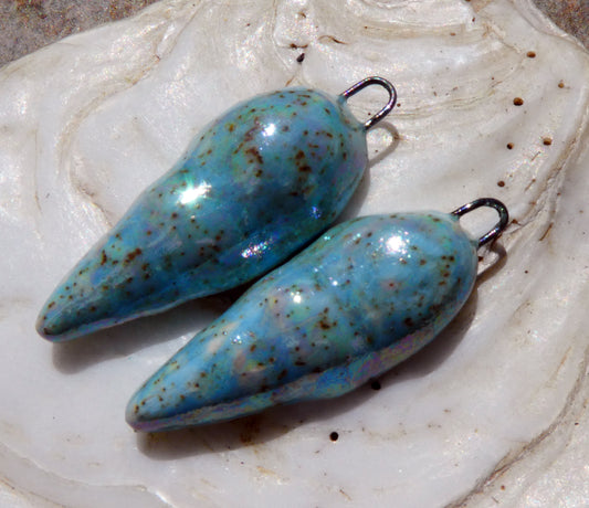 Ceramic Lustrous Conical Shell Textured Charms- Turquoise Sandstone