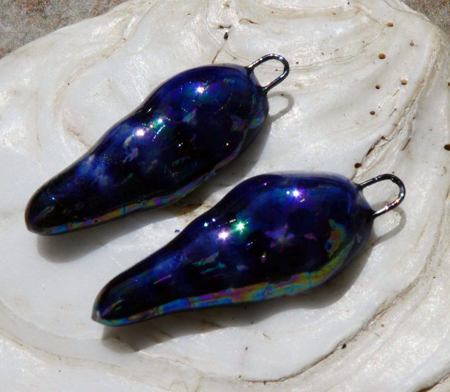 Ceramic Lustrous Conical Shell Textured Charms- Mirror Blue