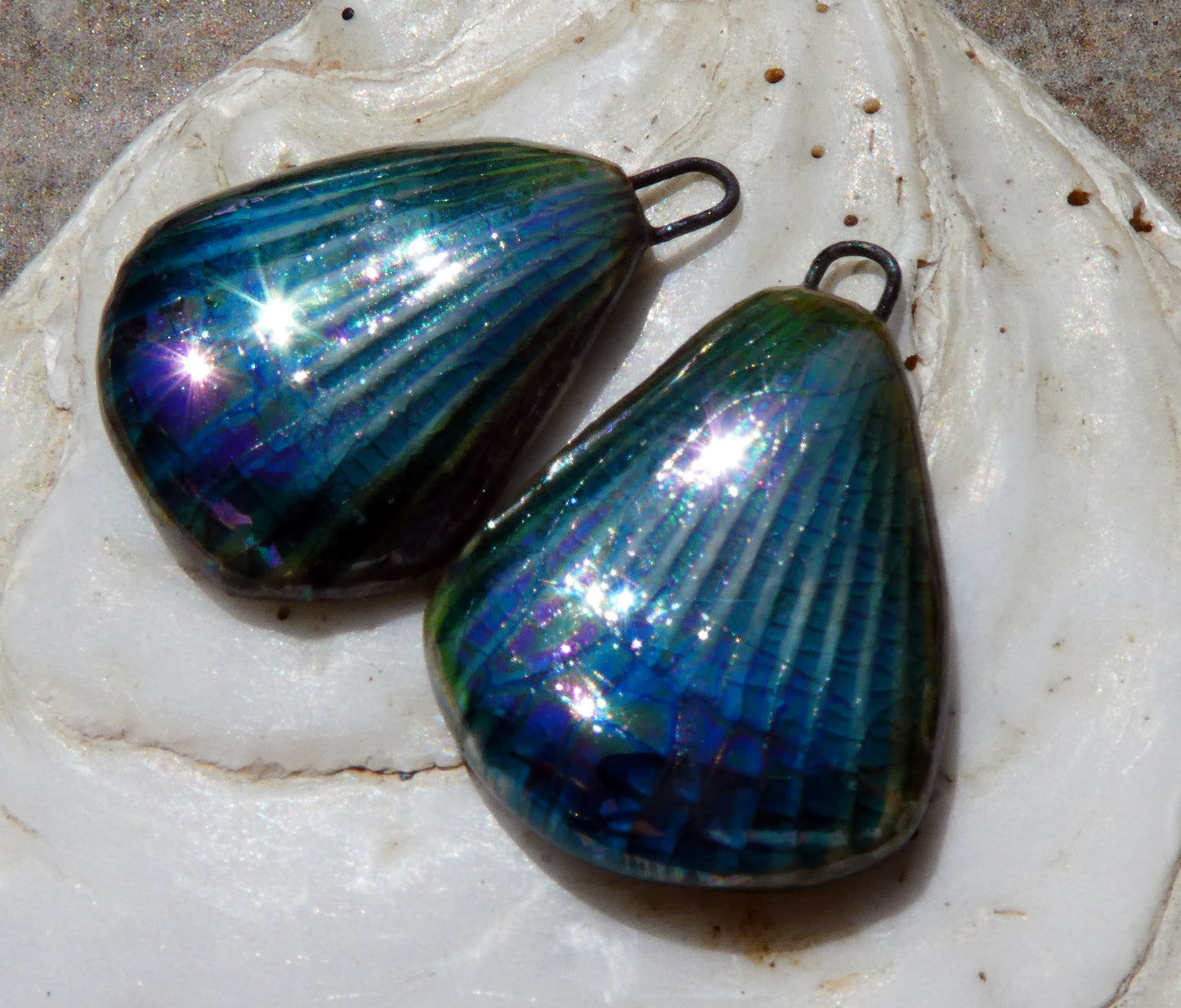 Ceramic Lustrous Flat Shell Textured Charms- Oriental Blue