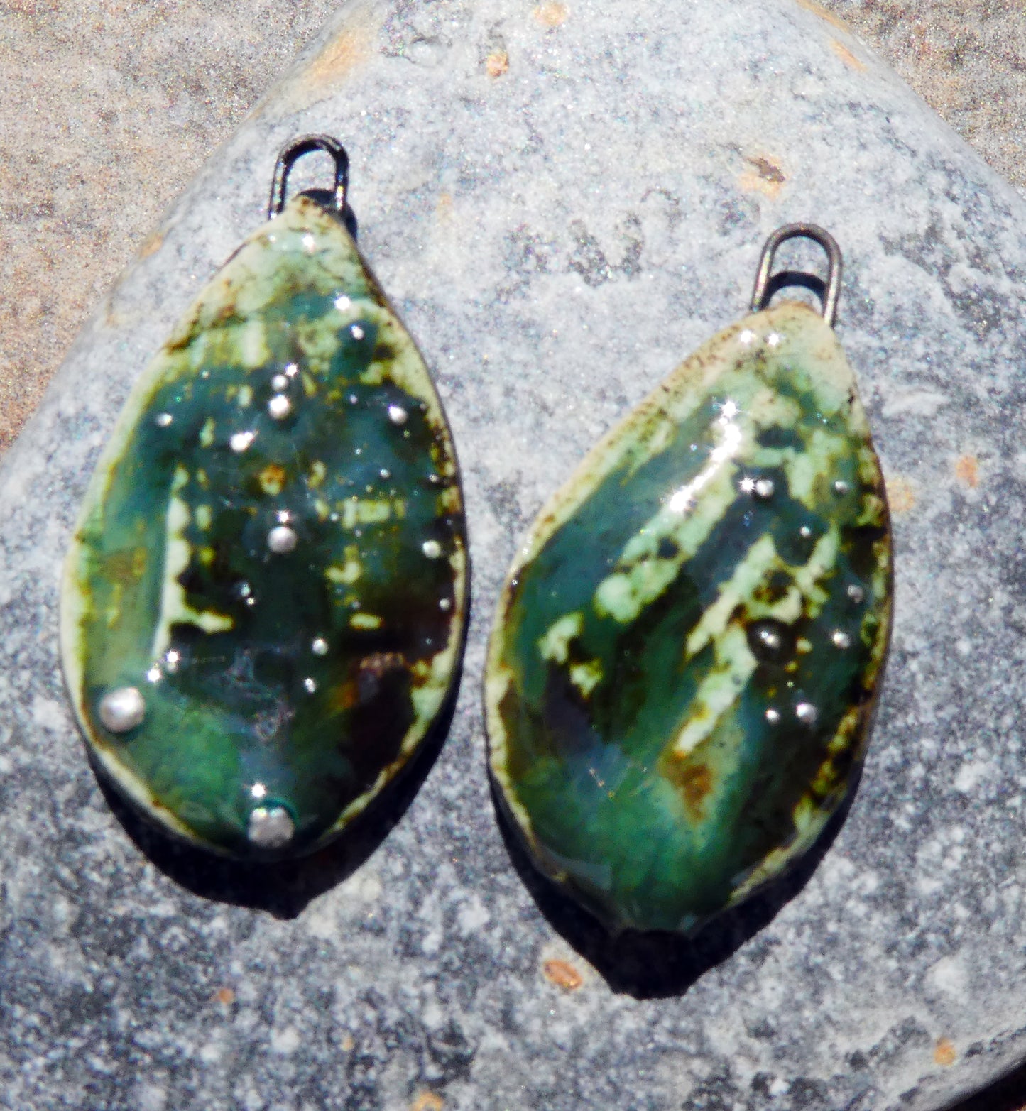Ceramic Silvery Shell Textured Slice Charms - Oriental Blue